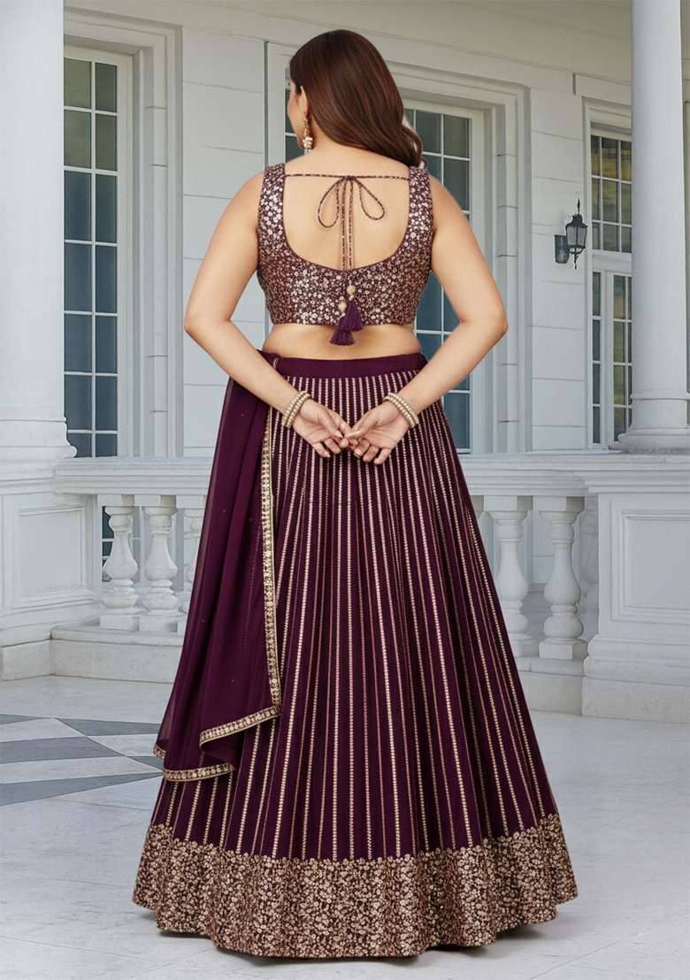 Wine Embroidered Georgette Lehenga set - Indya