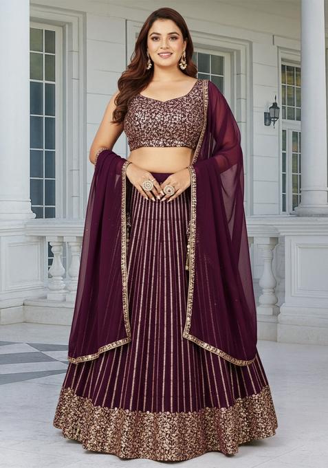 Wine Embroidered Georgette Lehenga set