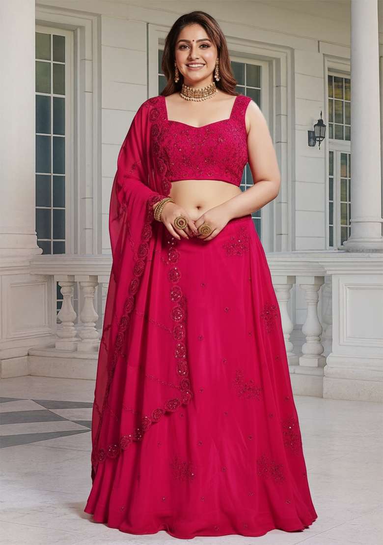 Pink Embroidered Georgette Lehenga set - Indya