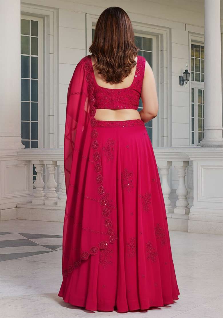 Pink Embroidered Georgette Lehenga set - Indya