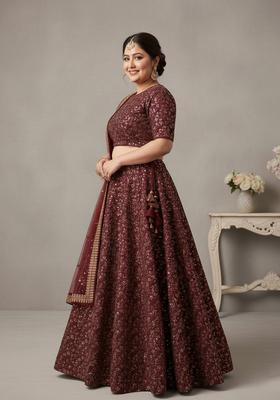 Maroon Embroidered Silk Lehenga set