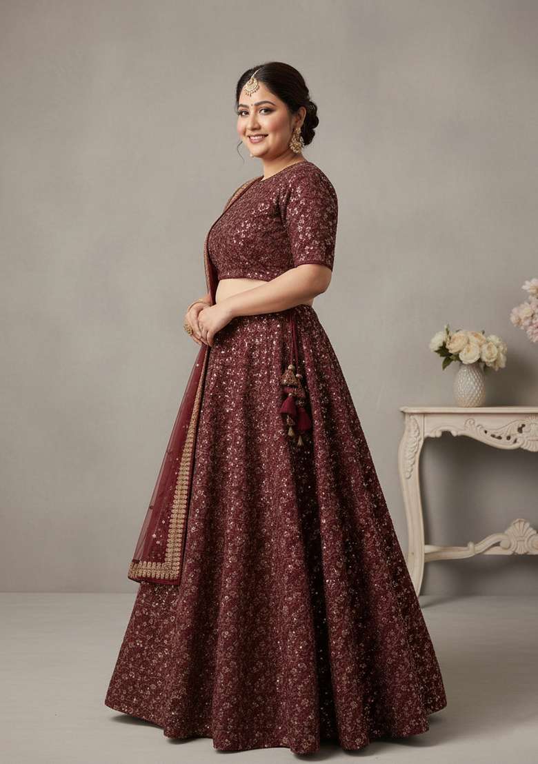 Maroon Embroidered Silk Blend Lehenga set - Indya