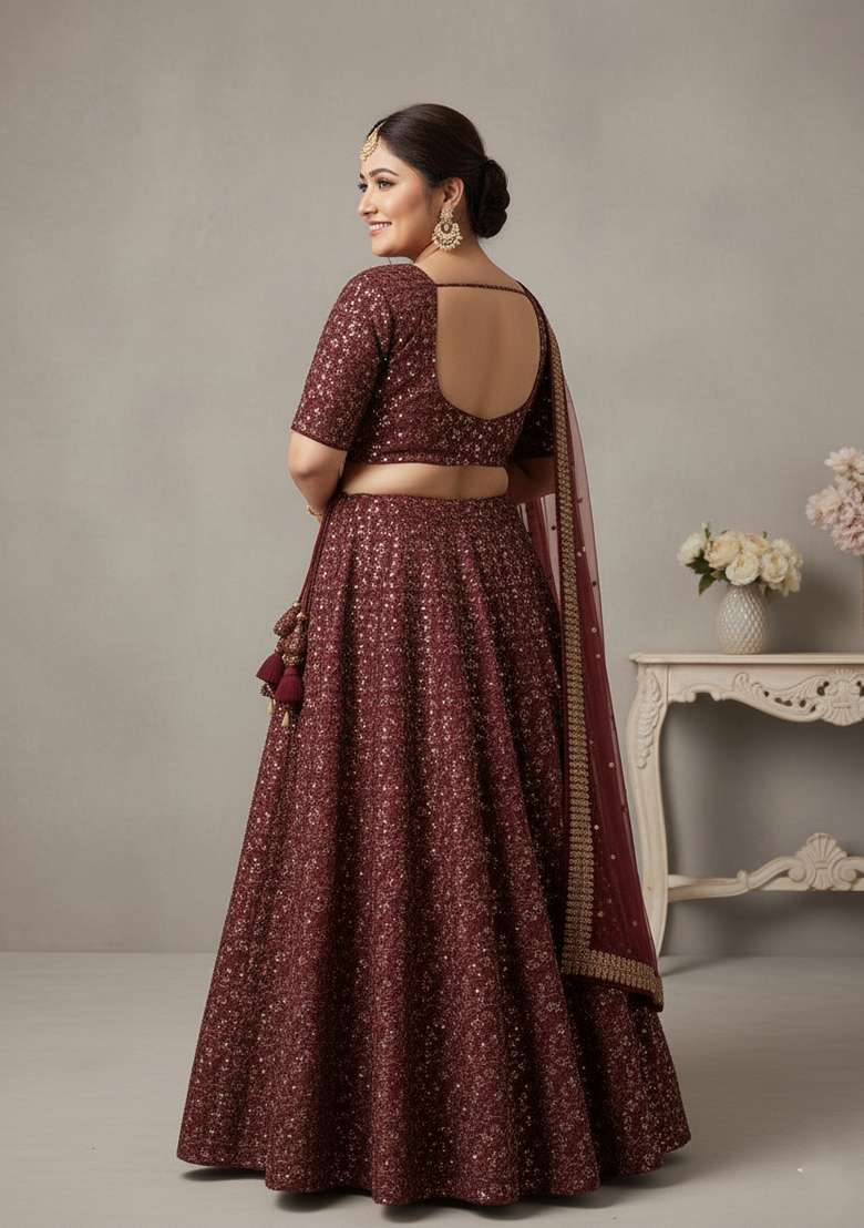 Maroon Embroidered Silk Blend Lehenga set - Indya