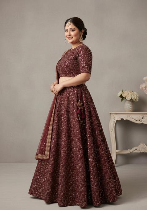 Maroon Embroidered Silk Lehenga set