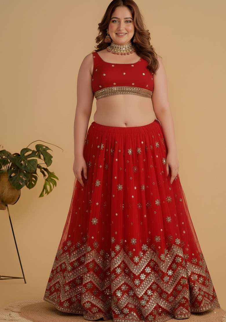 Red Embroidered Georgette Lehenga set - Indya