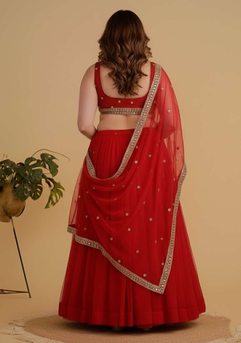 Red Embroidered Georgette Lehenga set - Indya