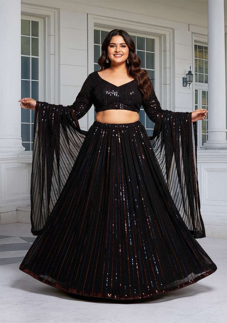 Black Embroidered Georgette Lehenga set - Indya