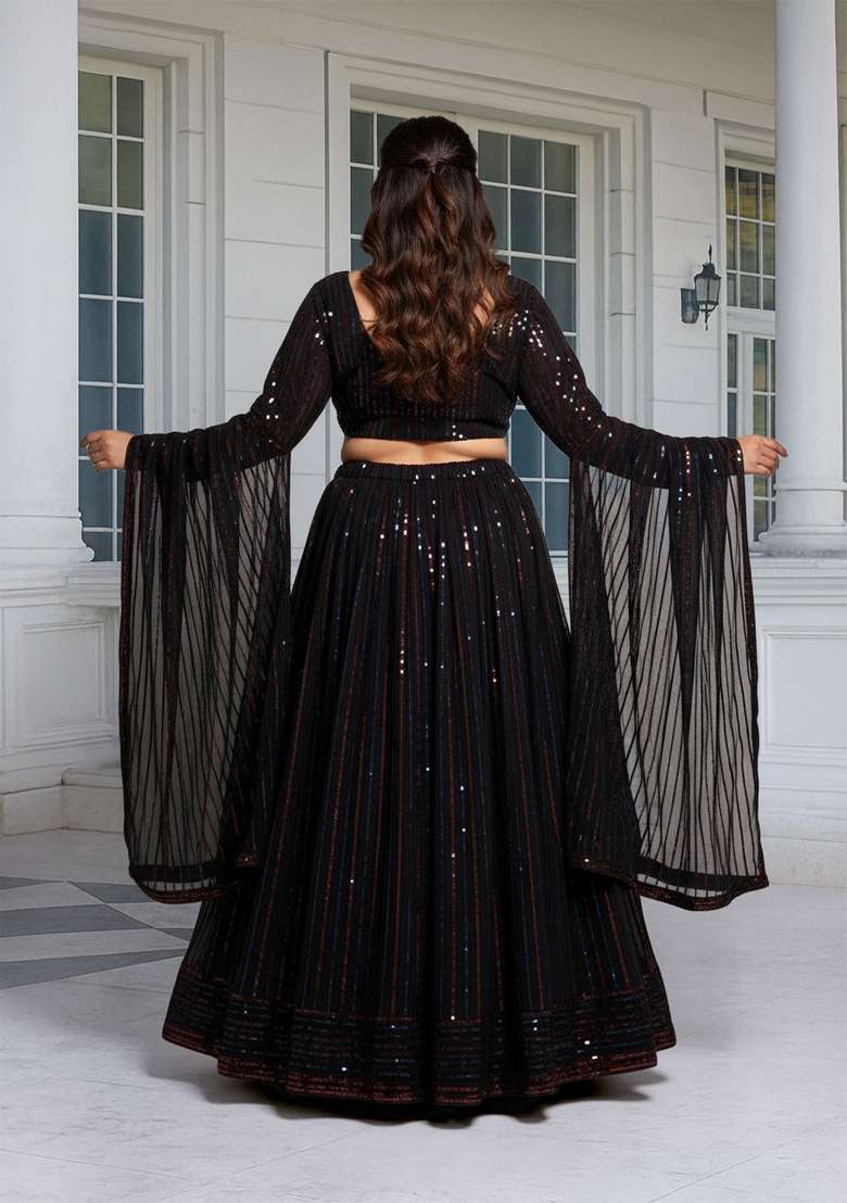 Black Embroidered Georgette Lehenga set - Indya