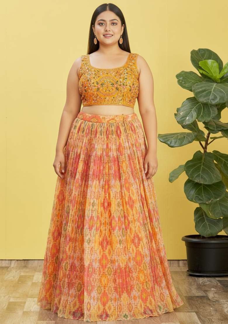 Yellow Mirror Work Organza Lehenga set - Indya