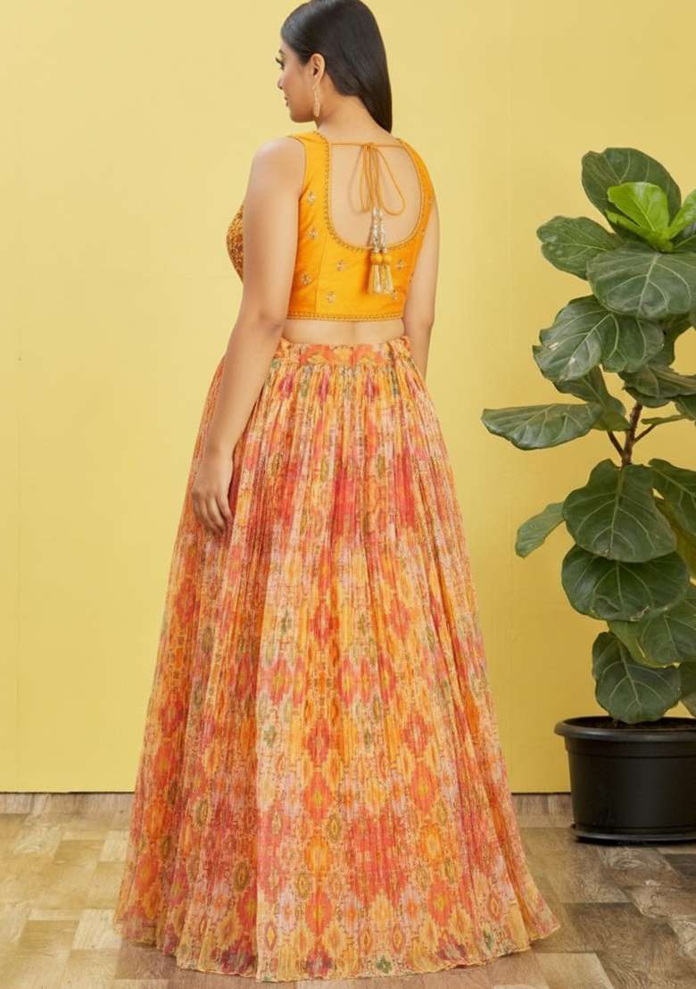 Yellow Mirror Work Organza Lehenga set - Indya