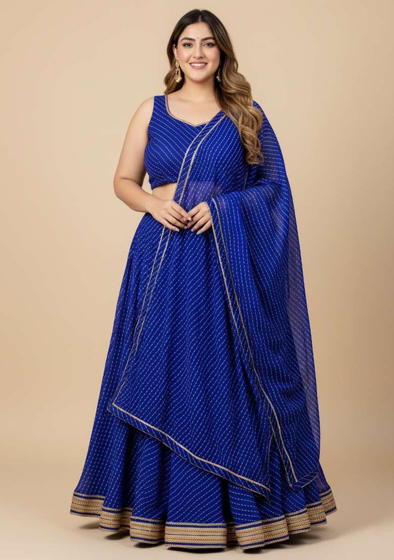 Blue Printed Georgette Lehenga set - Indya