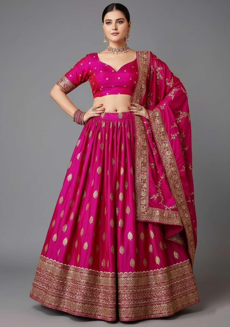 Pink Embroidered Silk Blend Lehenga set - Indya