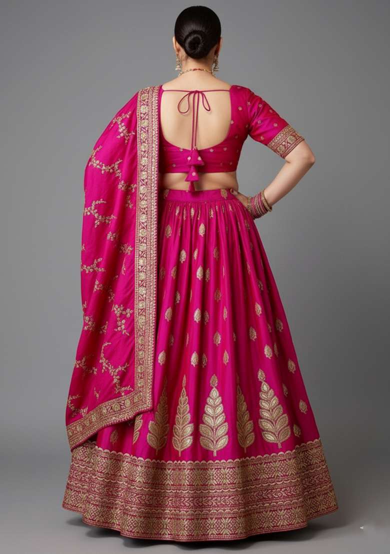Pink Embroidered Silk Blend Lehenga set - Indya
