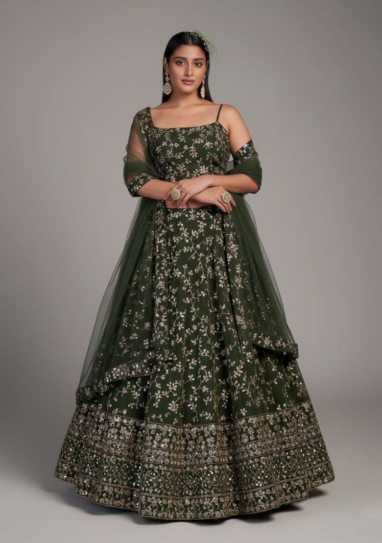 Green Embroidered Georgette Lehenga set - Indya