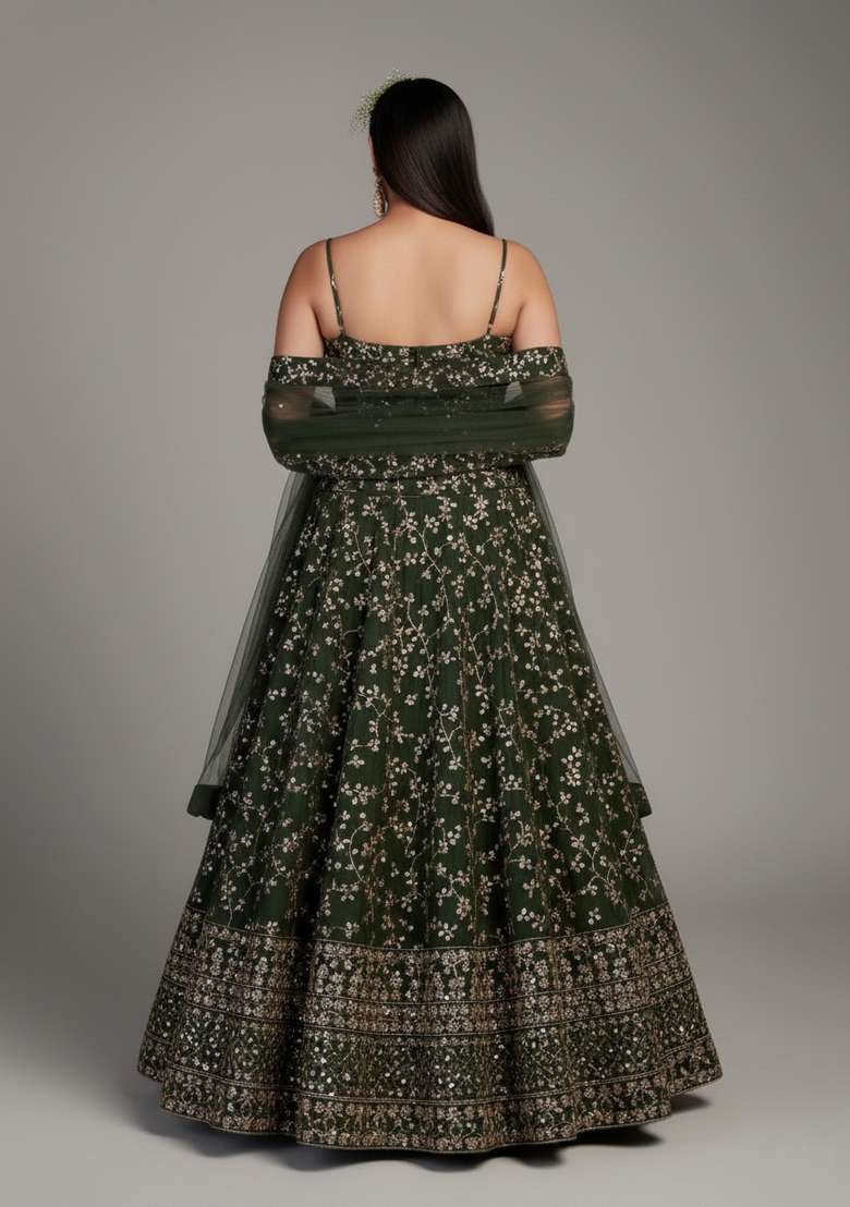 Green Embroidered Georgette Lehenga set - Indya