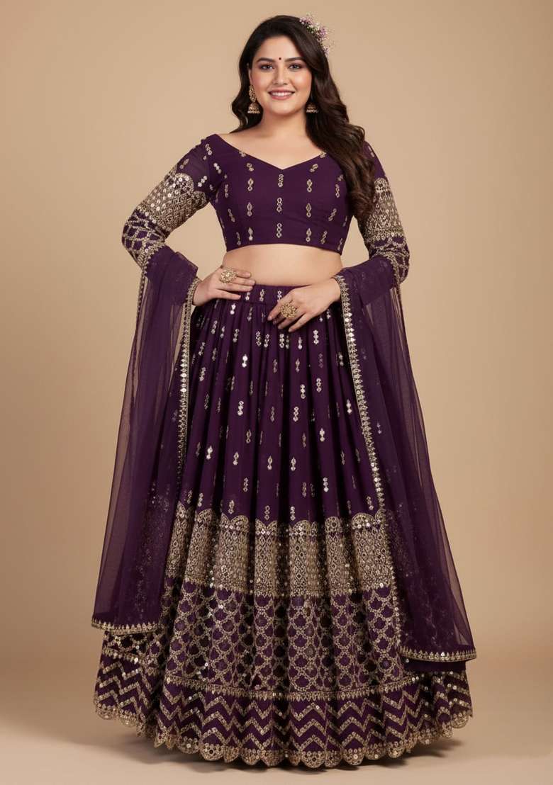 Purple Zari Work Georgette Lehenga set - Indya
