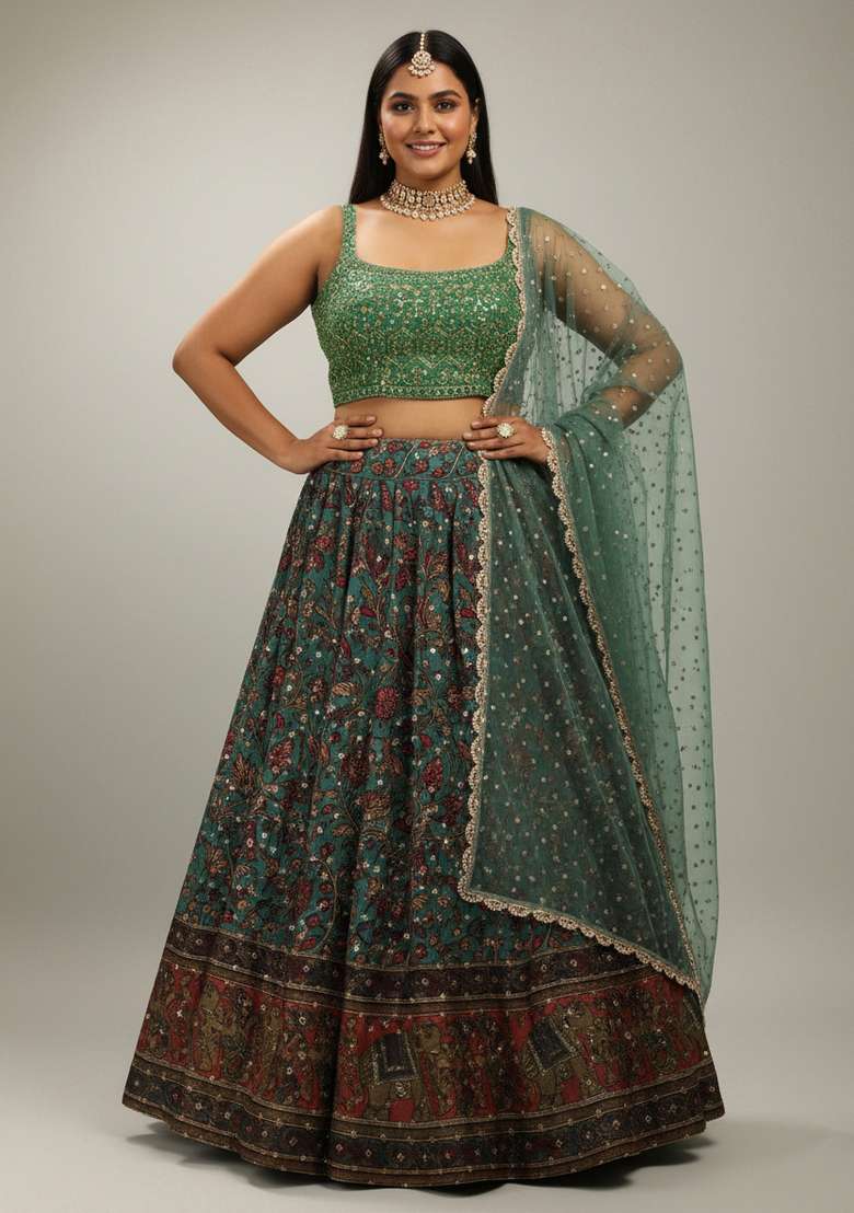 Green Printed chinon Lehenga set - Indya