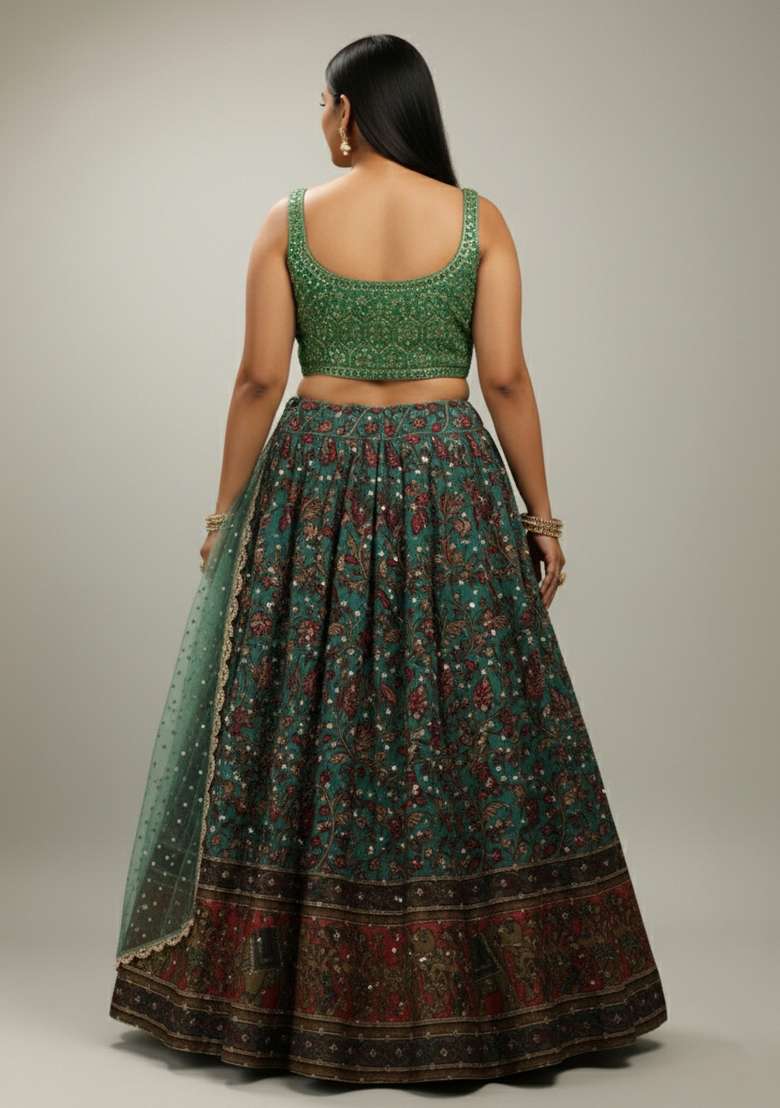 Green Printed chinon Lehenga set - Indya