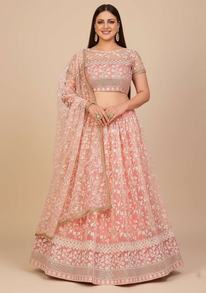 Pink Embroidered Net Lehenga set - Indya