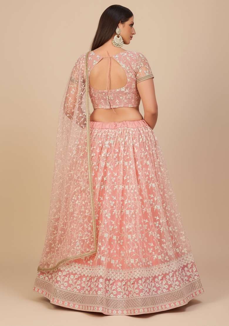 Pink Embroidered Net Lehenga set - Indya