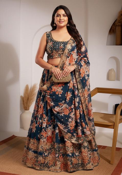 Blue Printed Organza Lehenga set