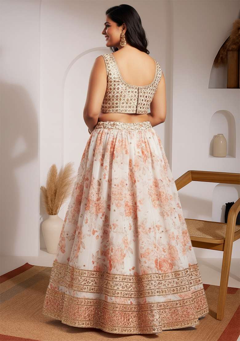 White Printed Organza Lehenga set - Indya