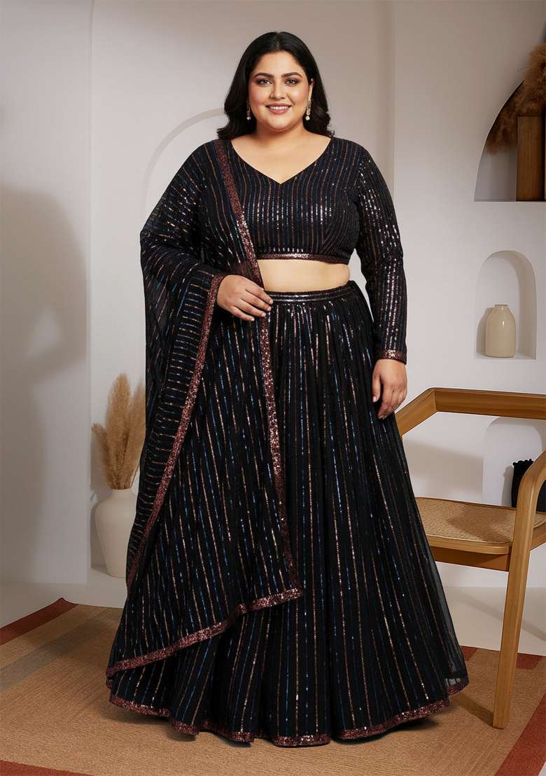Black Embroidered Georgette Lehenga set - Indya