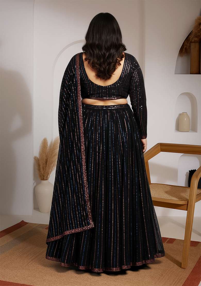 Black Embroidered Georgette Lehenga set - Indya