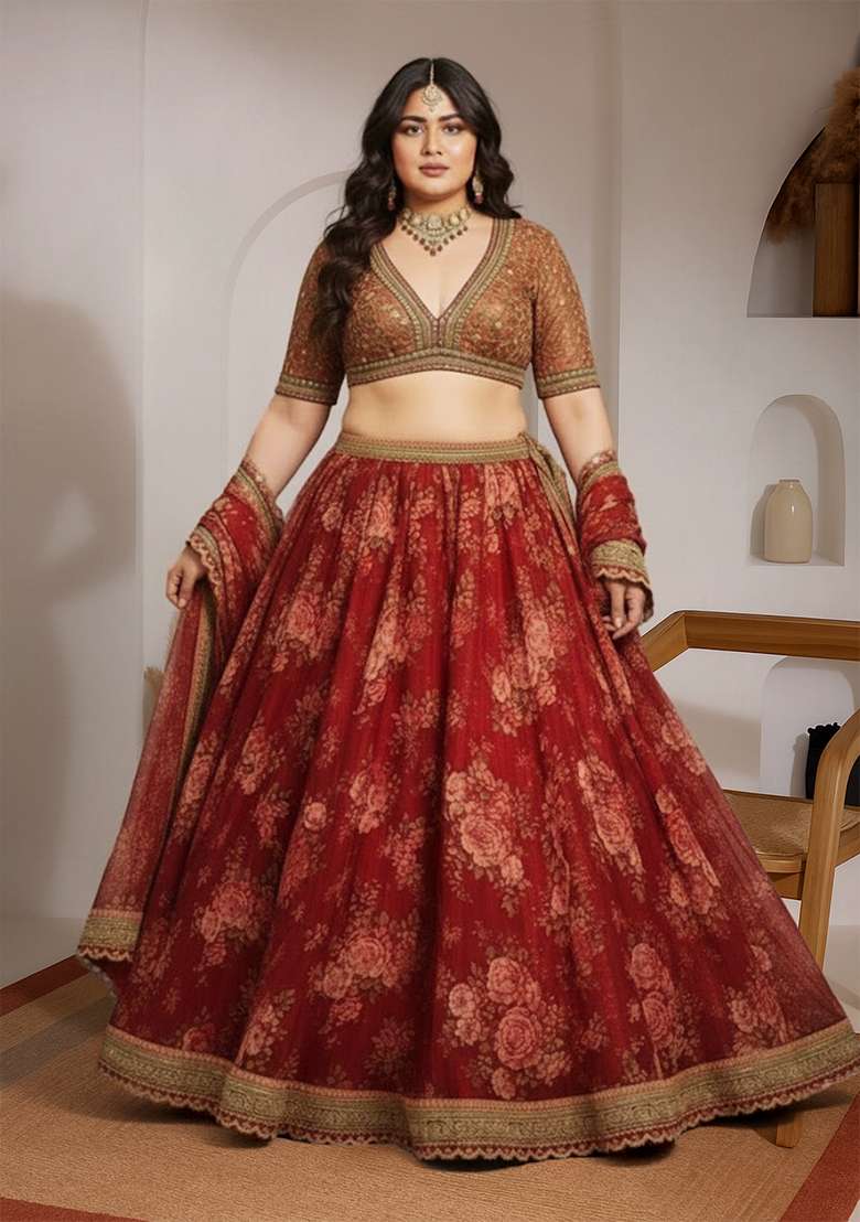 Maroon Printed Organza Lehenga set - Indya