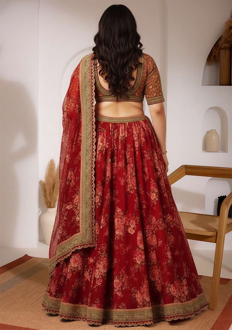 Maroon Printed Organza Lehenga set - Indya