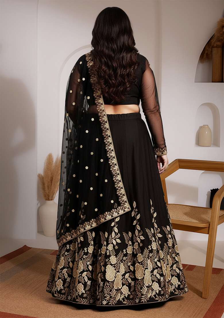 Black Embroidered Silk Blend Lehenga set - Indya