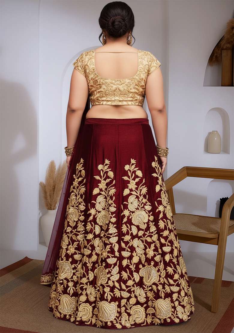 Maroon Embroidered Net Lehenga set - Indya