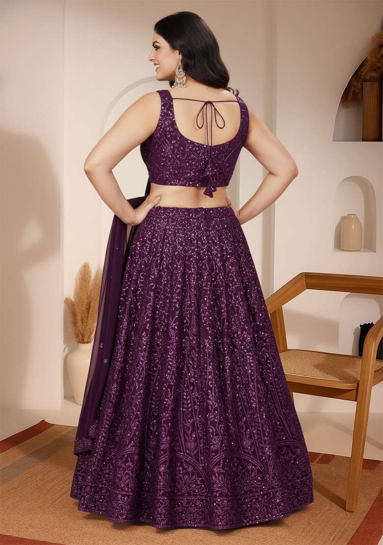 Purple Embroidered Georgette Lehenga set - Indya