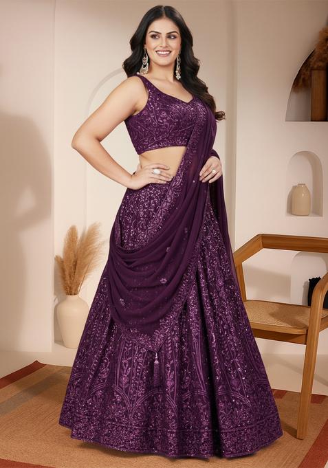 Purple Embroidered Georgette Lehenga set