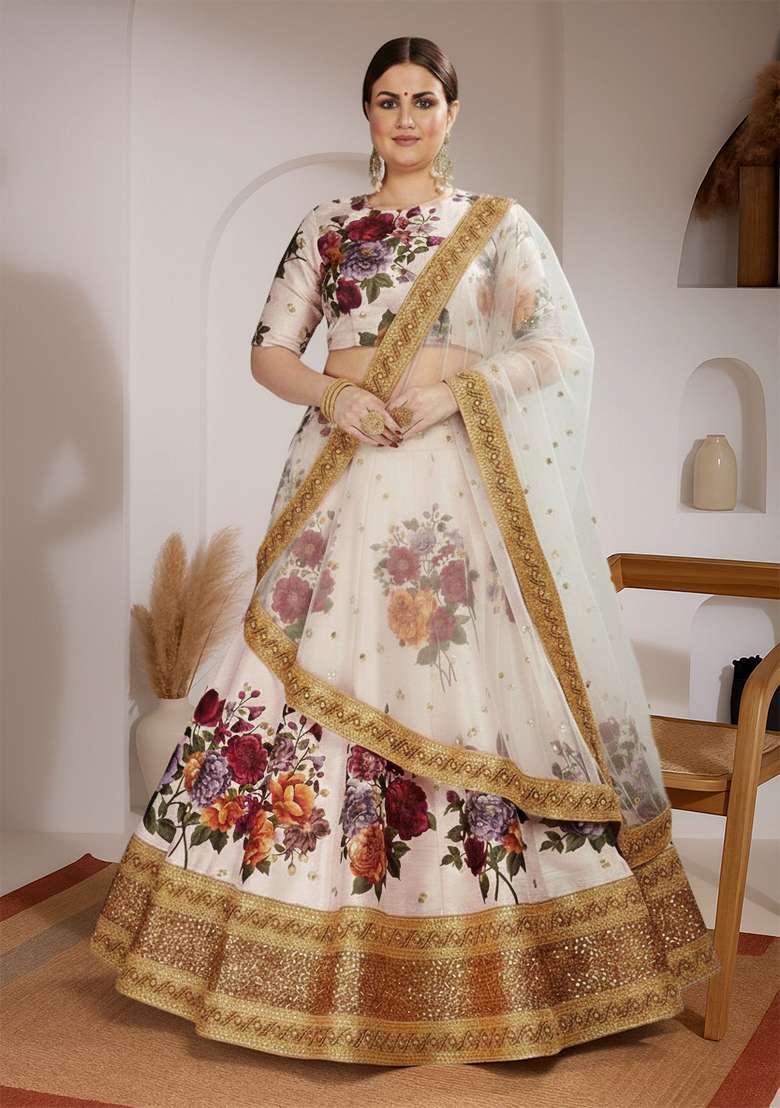 Off White Embroidered Silk Blend Lehenga set - Indya