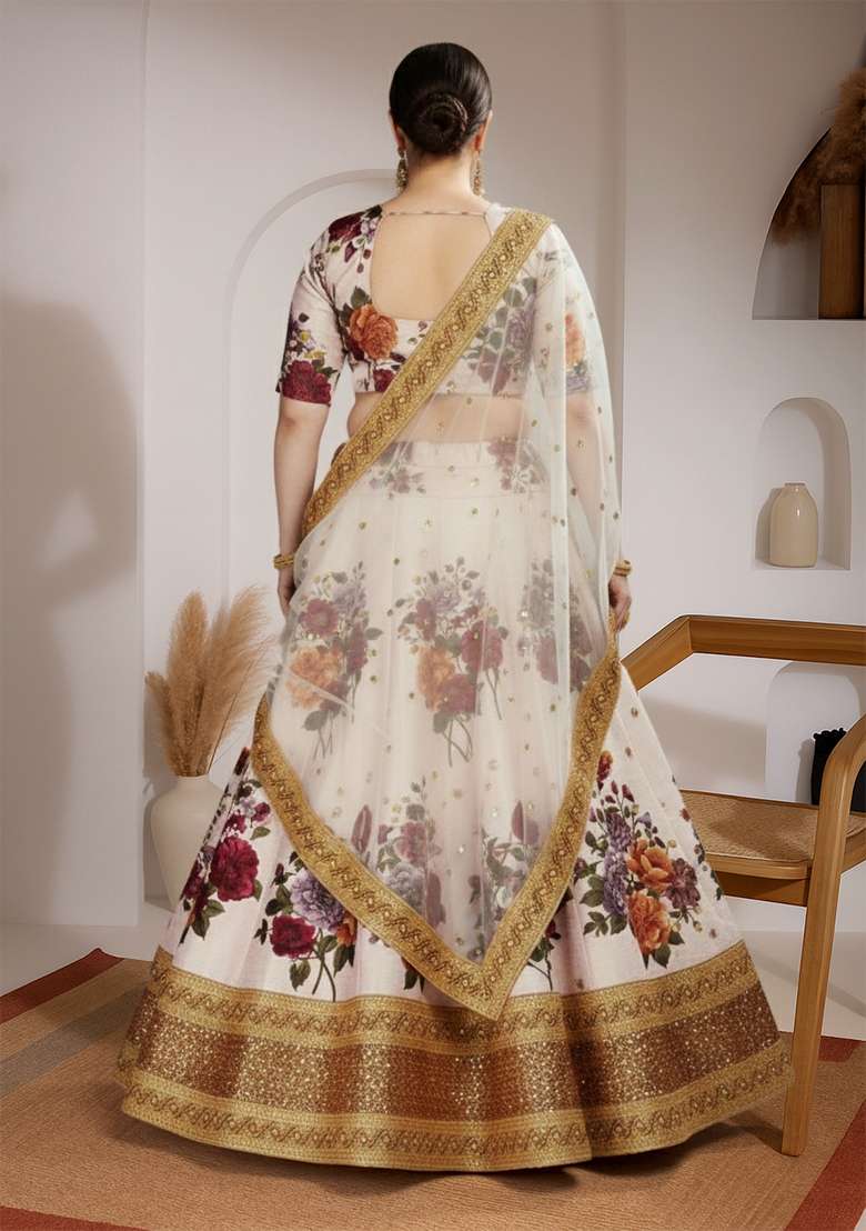 Off White Embroidered Silk Blend Lehenga set - Indya