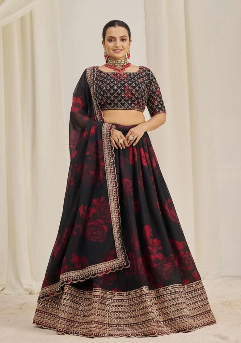 Black Embroidered Organza Lehenga set - Indya