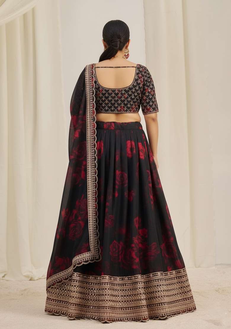 Black Embroidered Organza Lehenga set - Indya