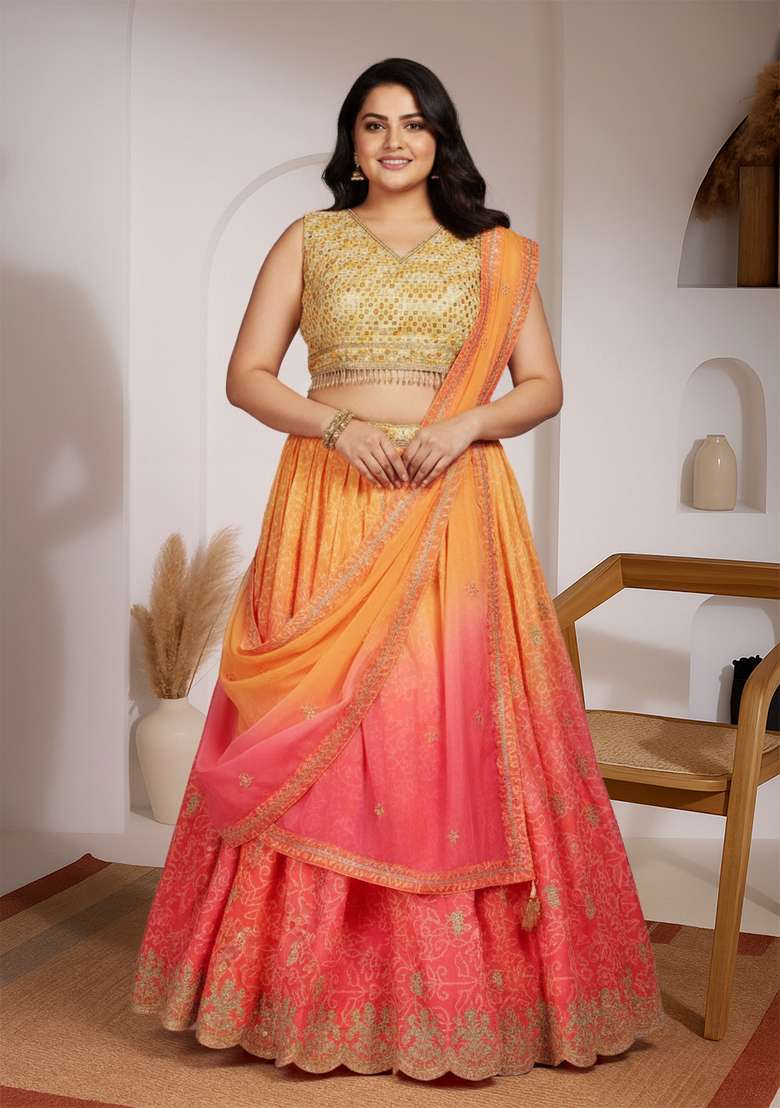 Orange Embroidered Organza Lehenga set - Indya