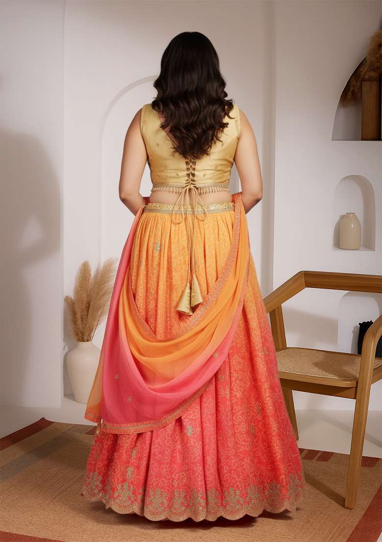 Orange Embroidered Organza Lehenga set - Indya