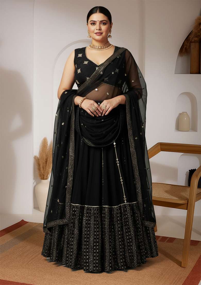Black Embroidered Georgette Lehenga set - Indya