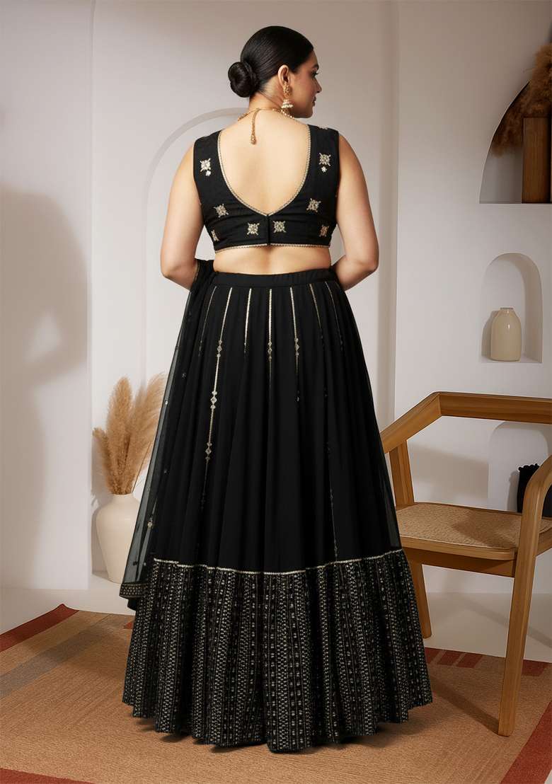 Black Embroidered Georgette Lehenga set - Indya