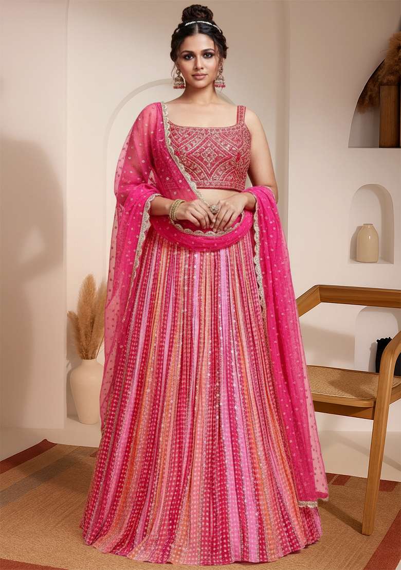 Pink Embroidered Silk Blend Lehenga set - Indya
