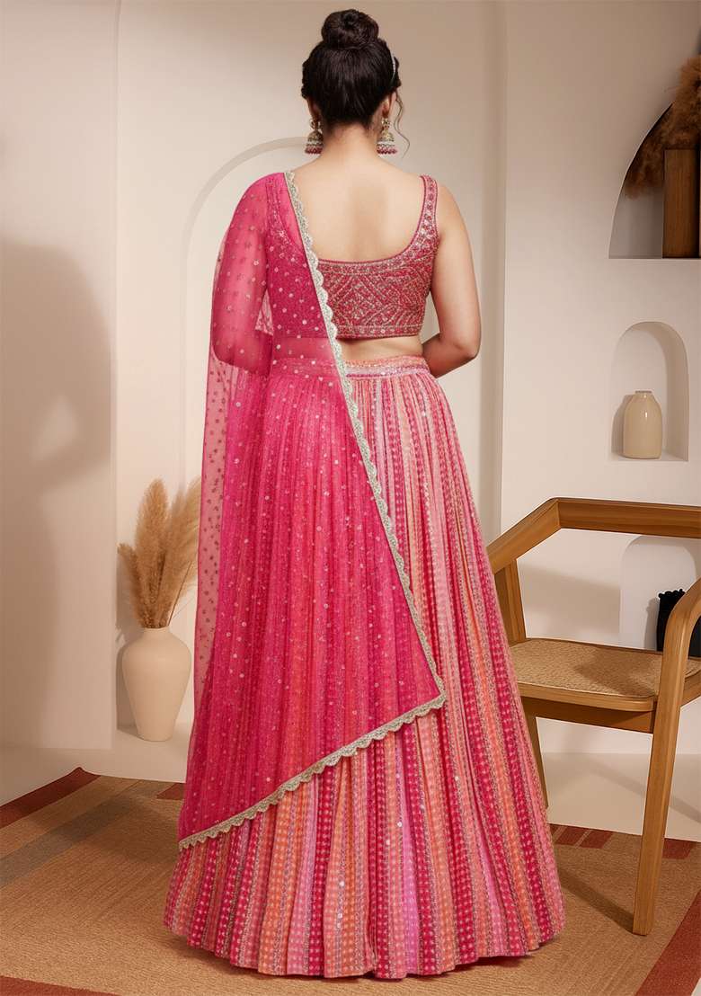 Pink Embroidered Silk Blend Lehenga set - Indya