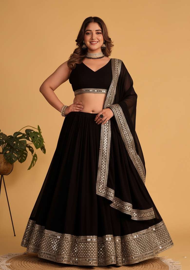 Black Embroidered Georgette Lehenga set - Indya