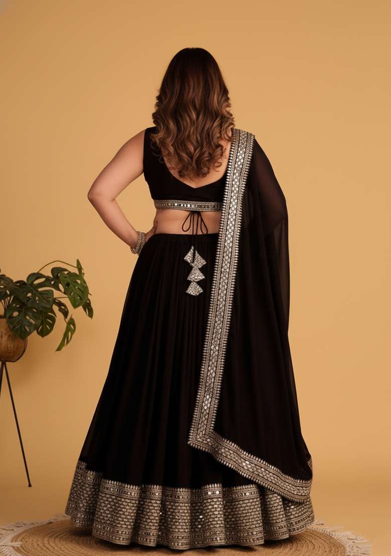 Black Embroidered Georgette Lehenga set - Indya