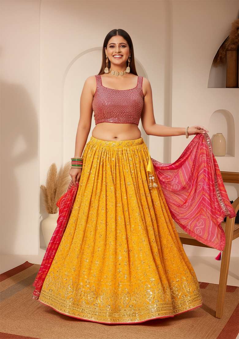 Yellow Embroidered Georgette Lehenga set - Indya