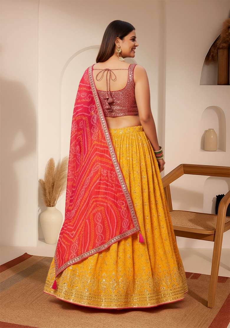 Yellow Embroidered Georgette Lehenga set - Indya
