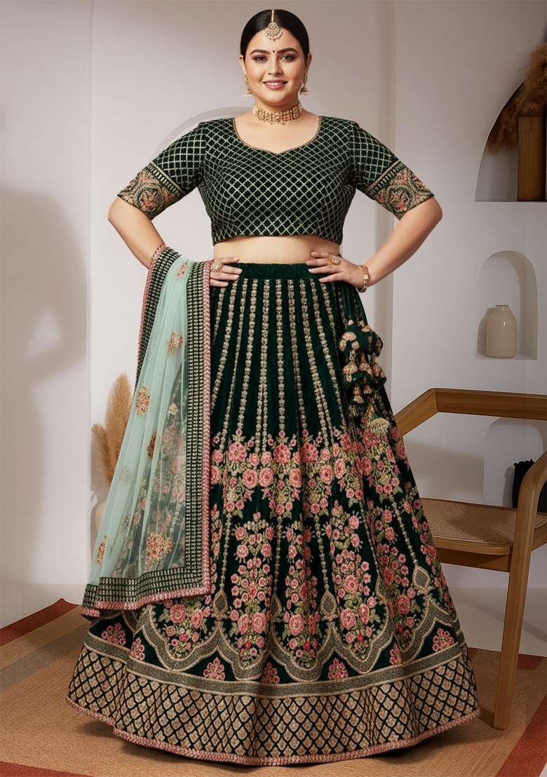 Green Embroidered Velvet Lehenga set - Indya