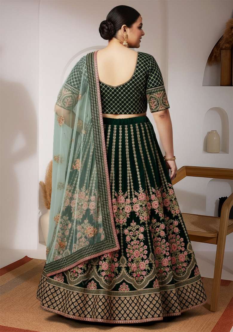 Green Embroidered Velvet Lehenga set - Indya